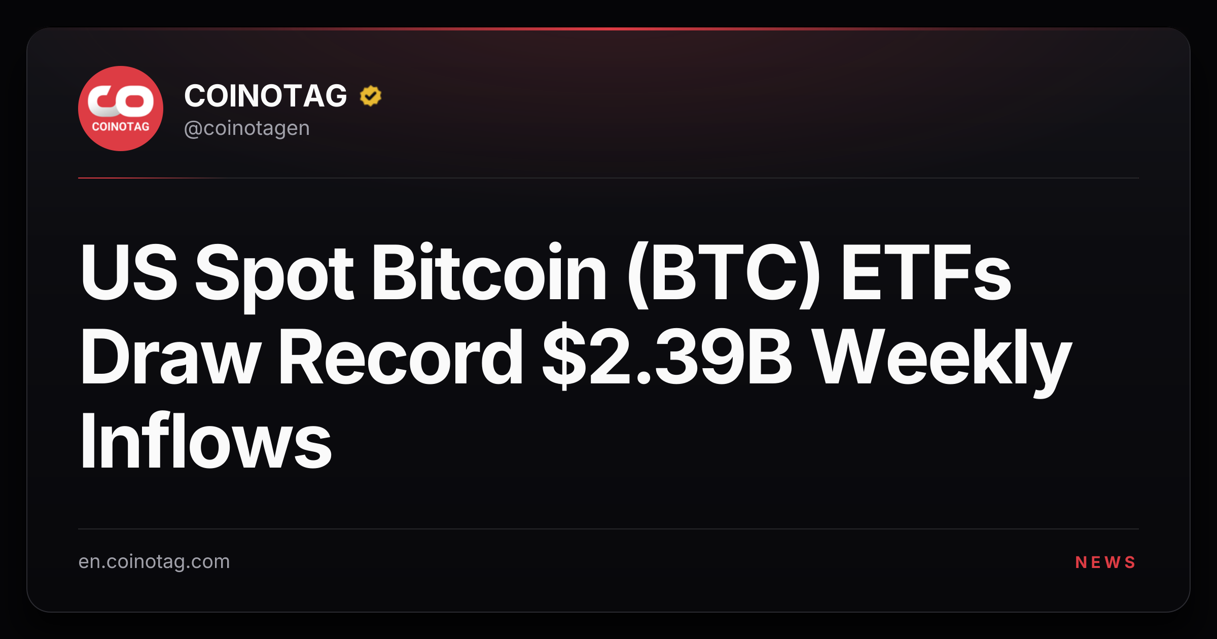 US Spot Bitcoin (BTC) ETFs Draw Record $2.39B Weekly Inflows