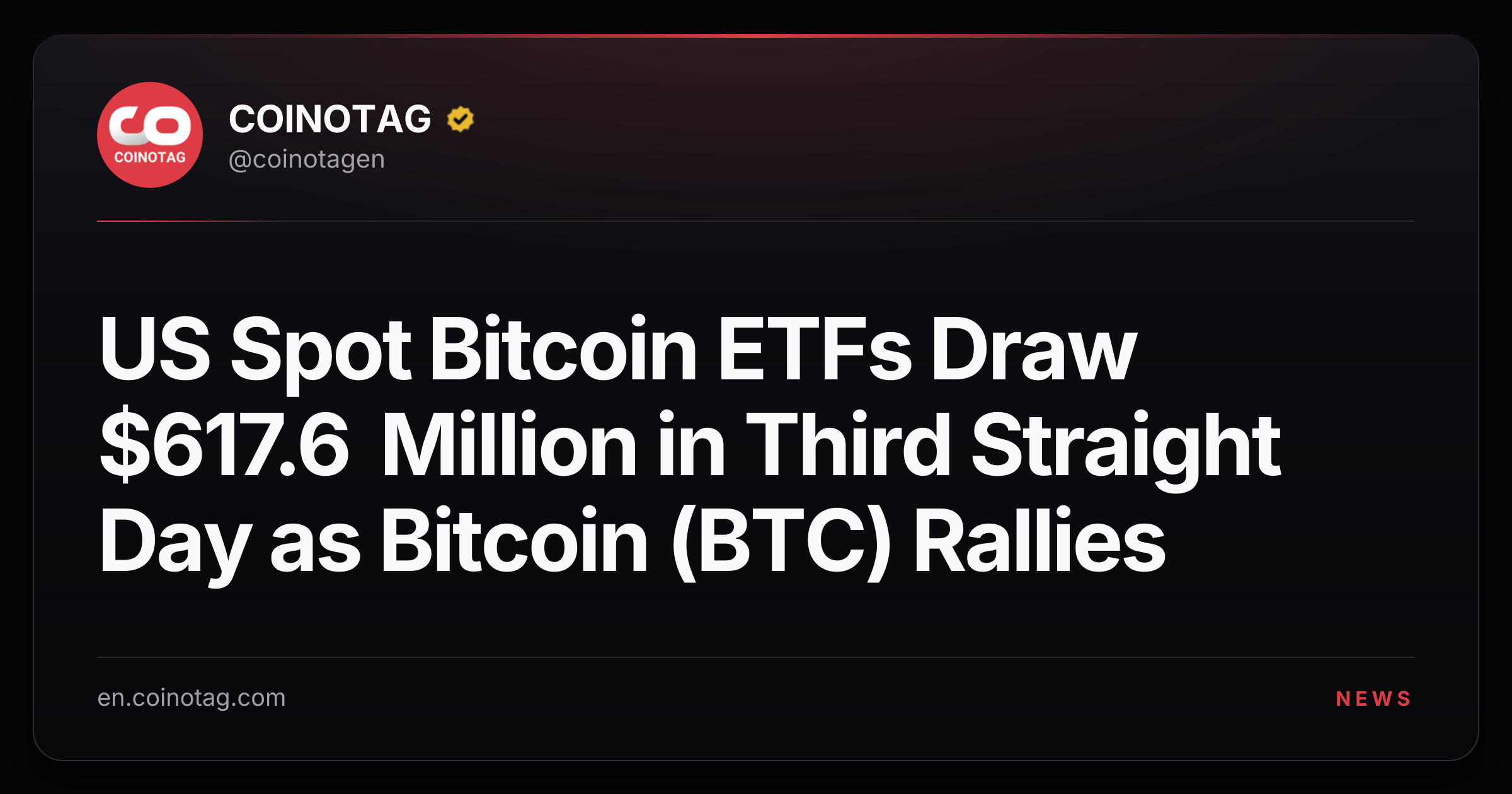 US Spot Bitcoin ETFs Draw $617.6 Million in Third Straight Day as Bitcoin (BTC) Rallies