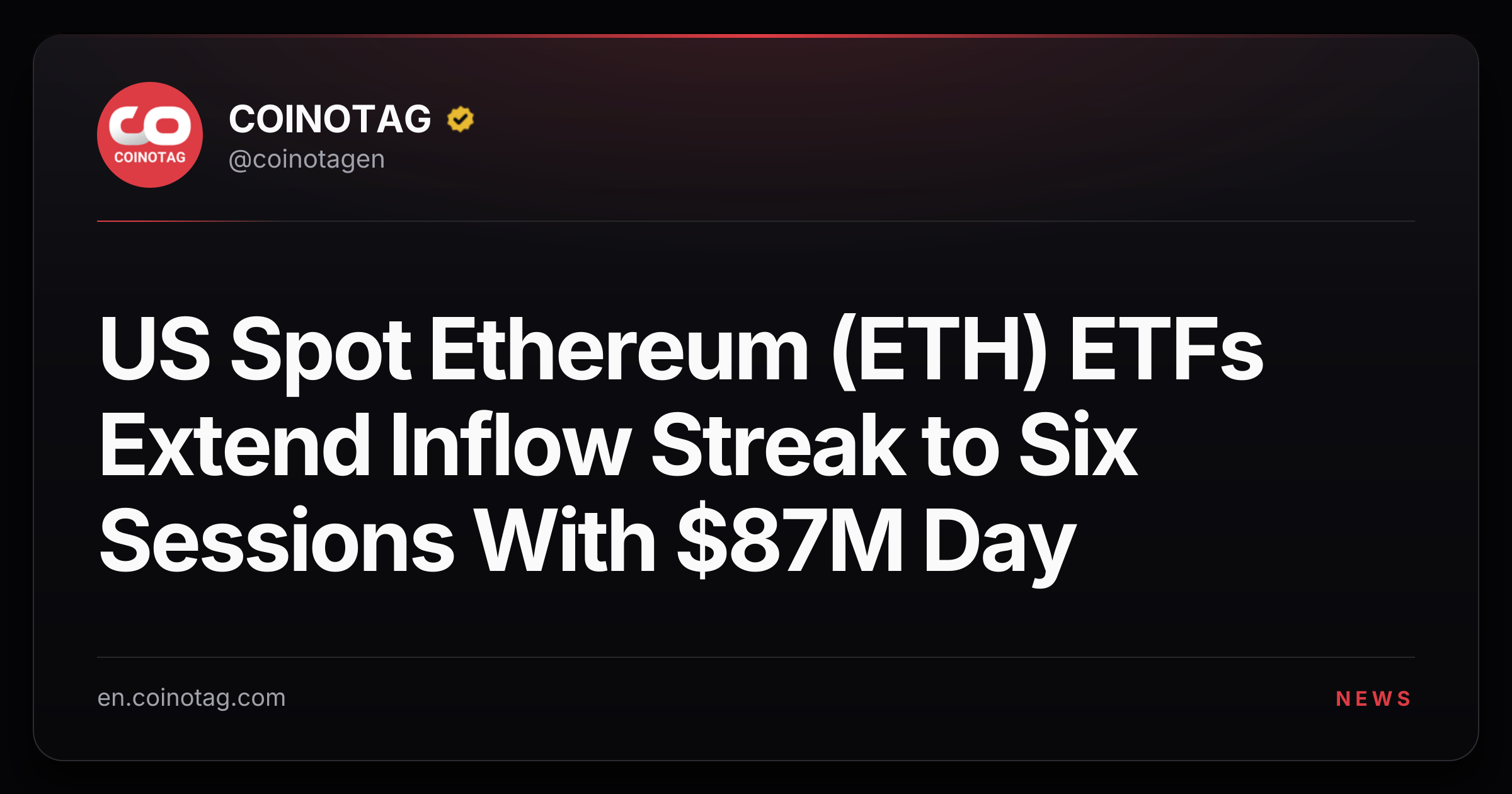 US Spot Ethereum (ETH) ETFs Extend Inflow Streak to Six Sessions With $87M Day