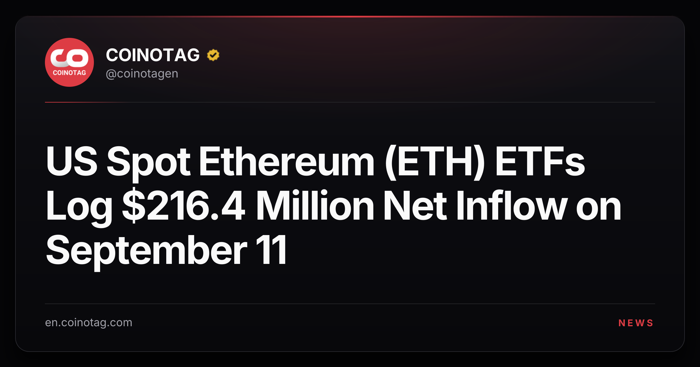US Spot Ethereum (ETH) ETFs Log $216.4 Million Net Inflow on September 11