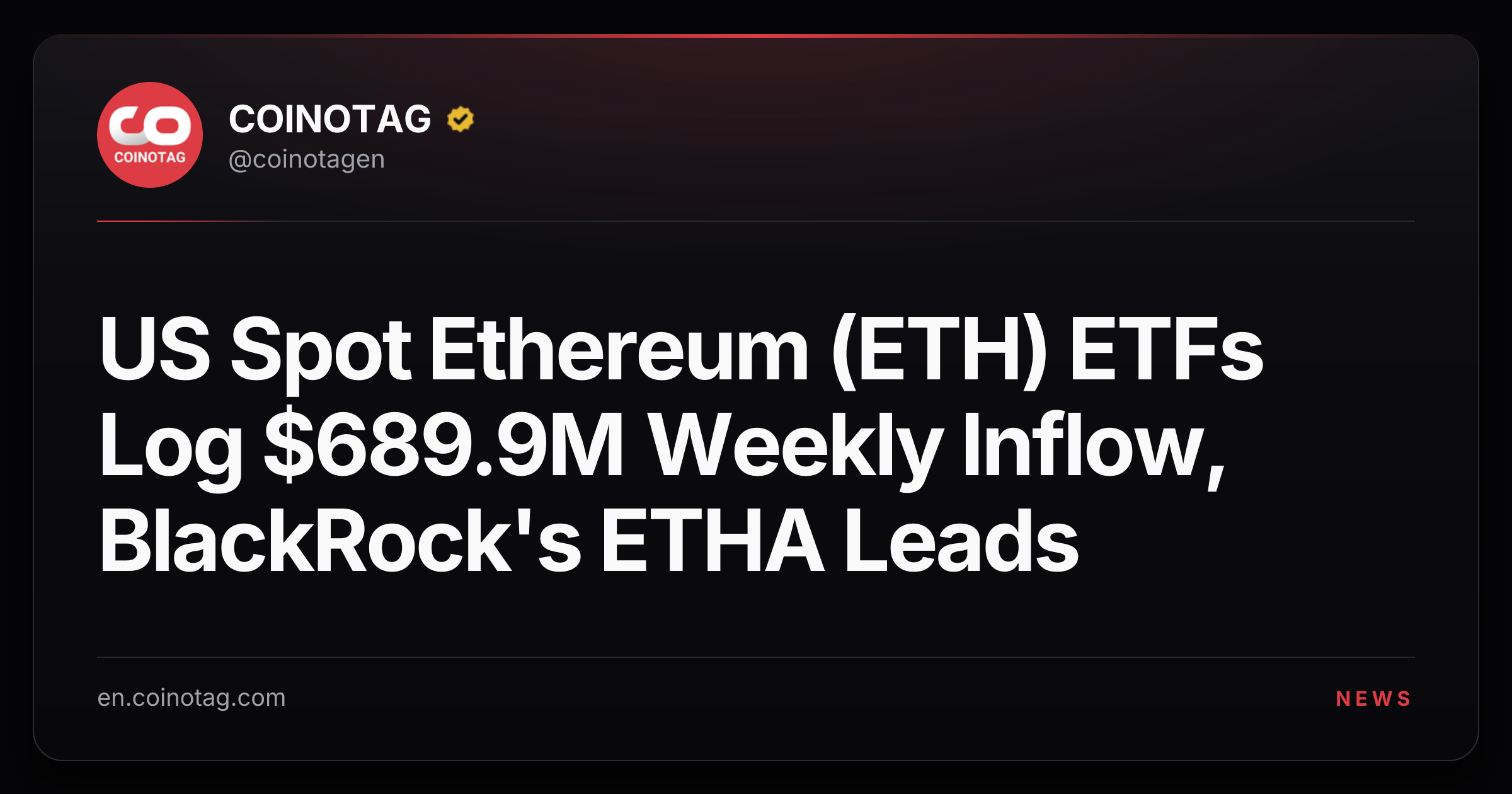 US Spot Ethereum (ETH) ETFs Log $689.9M Weekly Inflow, BlackRock's ETHA Leads