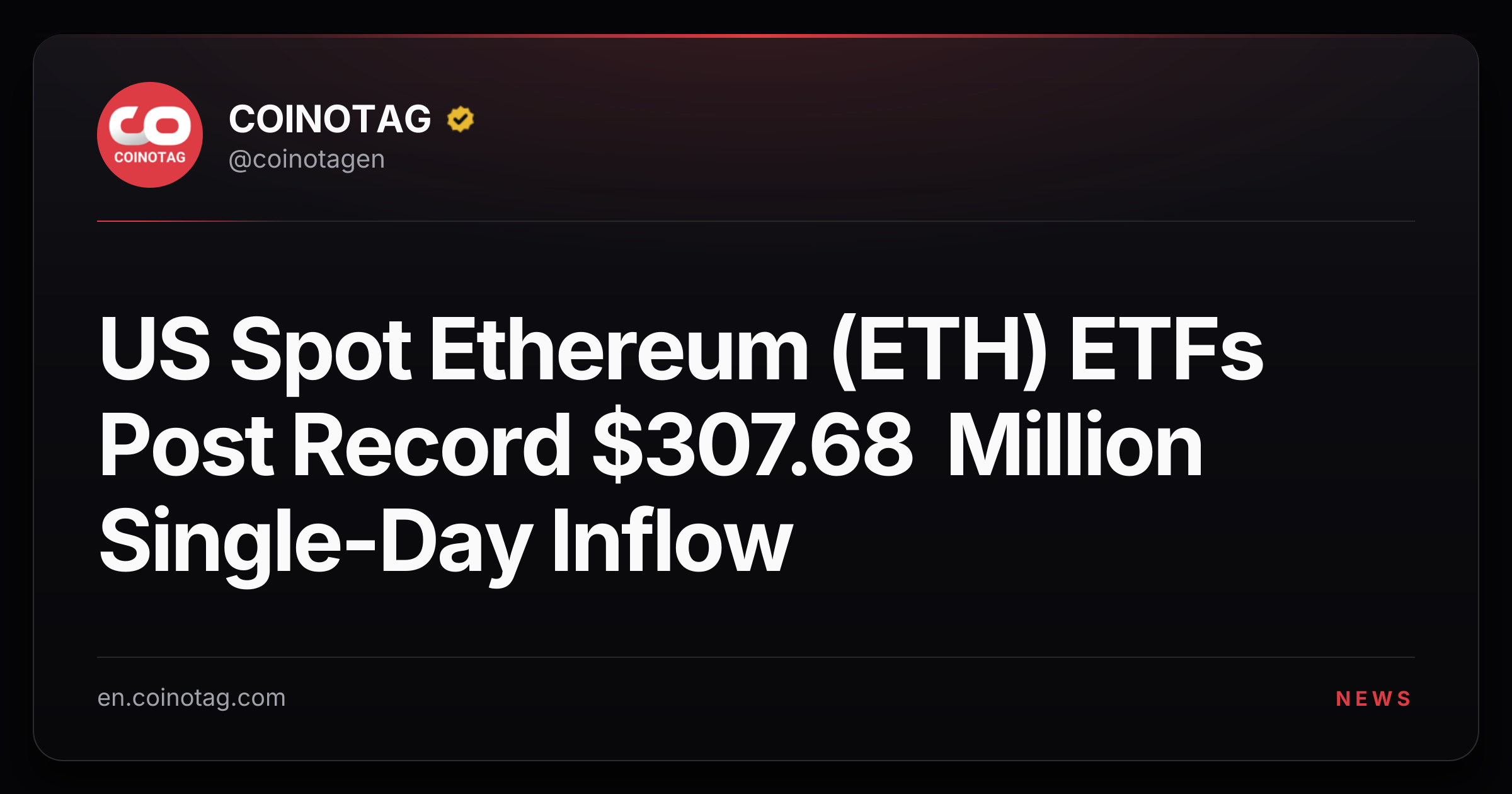 US Spot Ethereum (ETH) ETFs Post Record $307.68 Million Single-Day Inflow