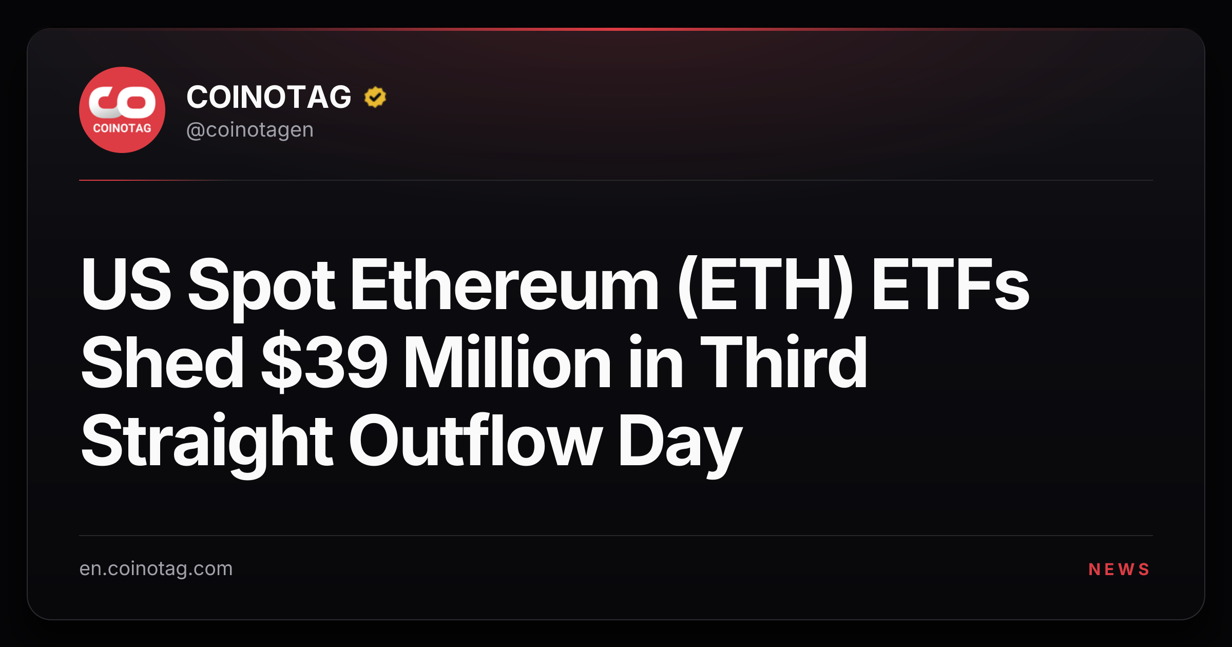 US Spot Ethereum (ETH) ETFs Shed $39 Million in Third Straight Outflow Day