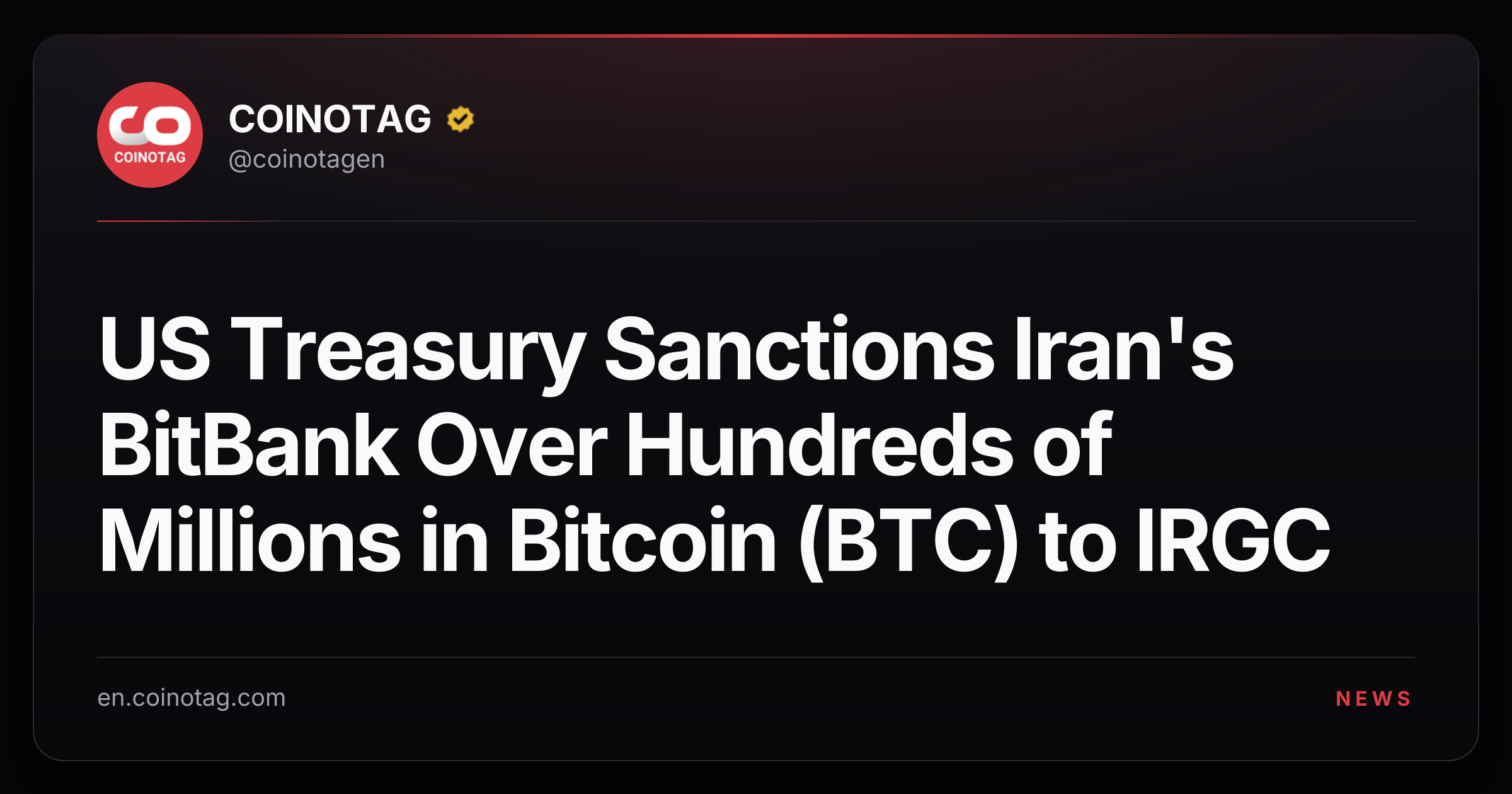 US Treasury Sanctions Iran's BitBank Over Hundreds of Millions in Bitcoin (BTC) to IRGC