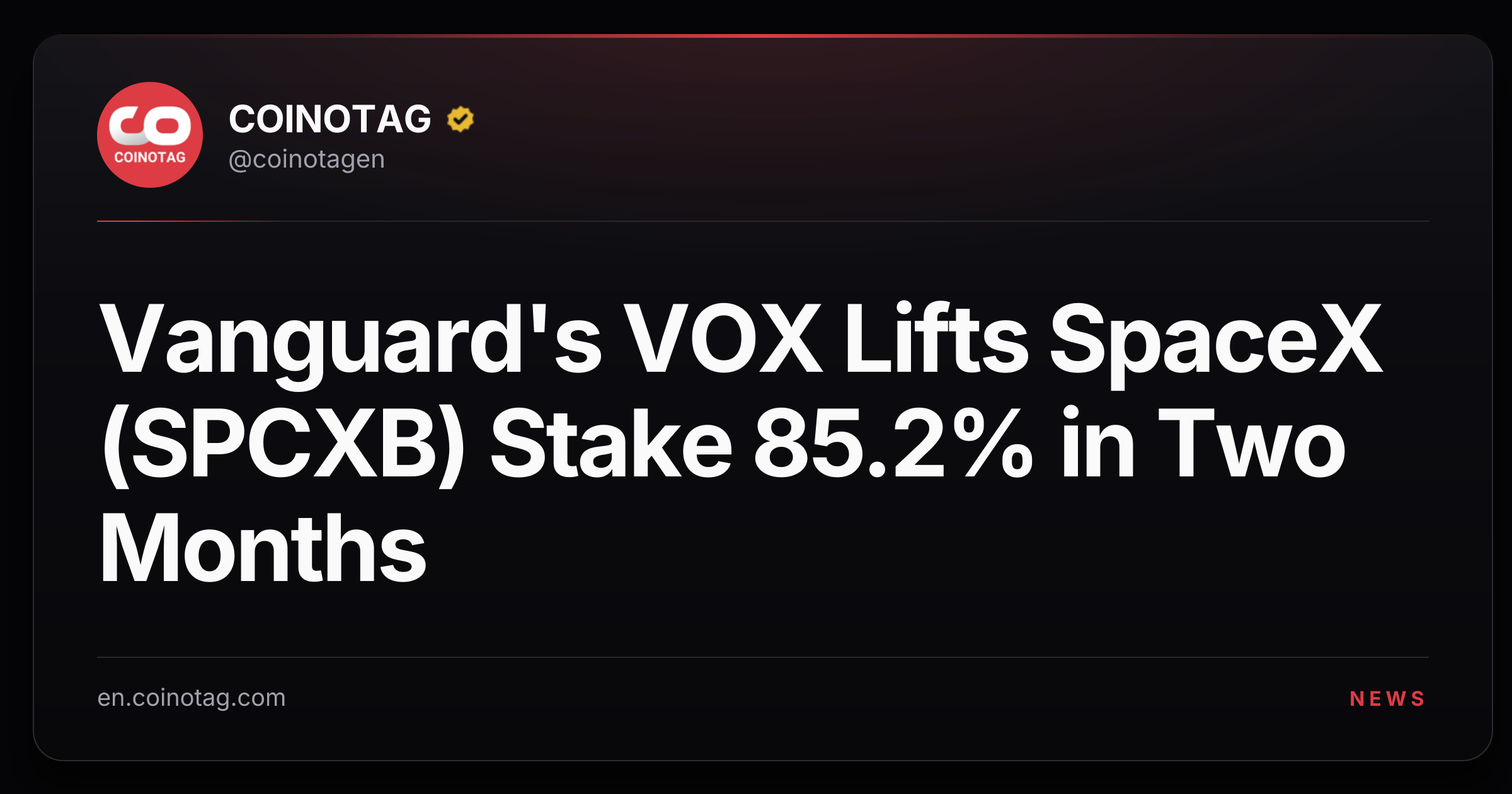 Vanguard's VOX Lifts SpaceX (SPCXB) Stake 85.2% in Two Months
