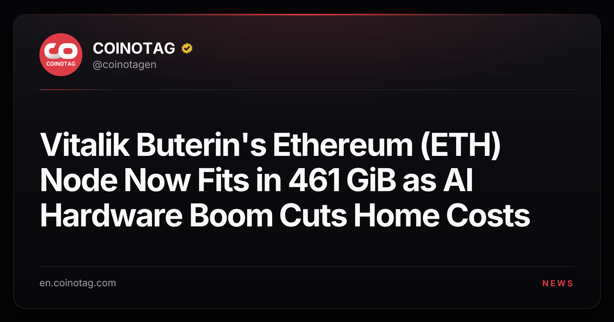 Vitalik Buterin's Ethereum (ETH) Node Now Fits in 461 GiB as AI Hardware Boom Cuts Home Costs