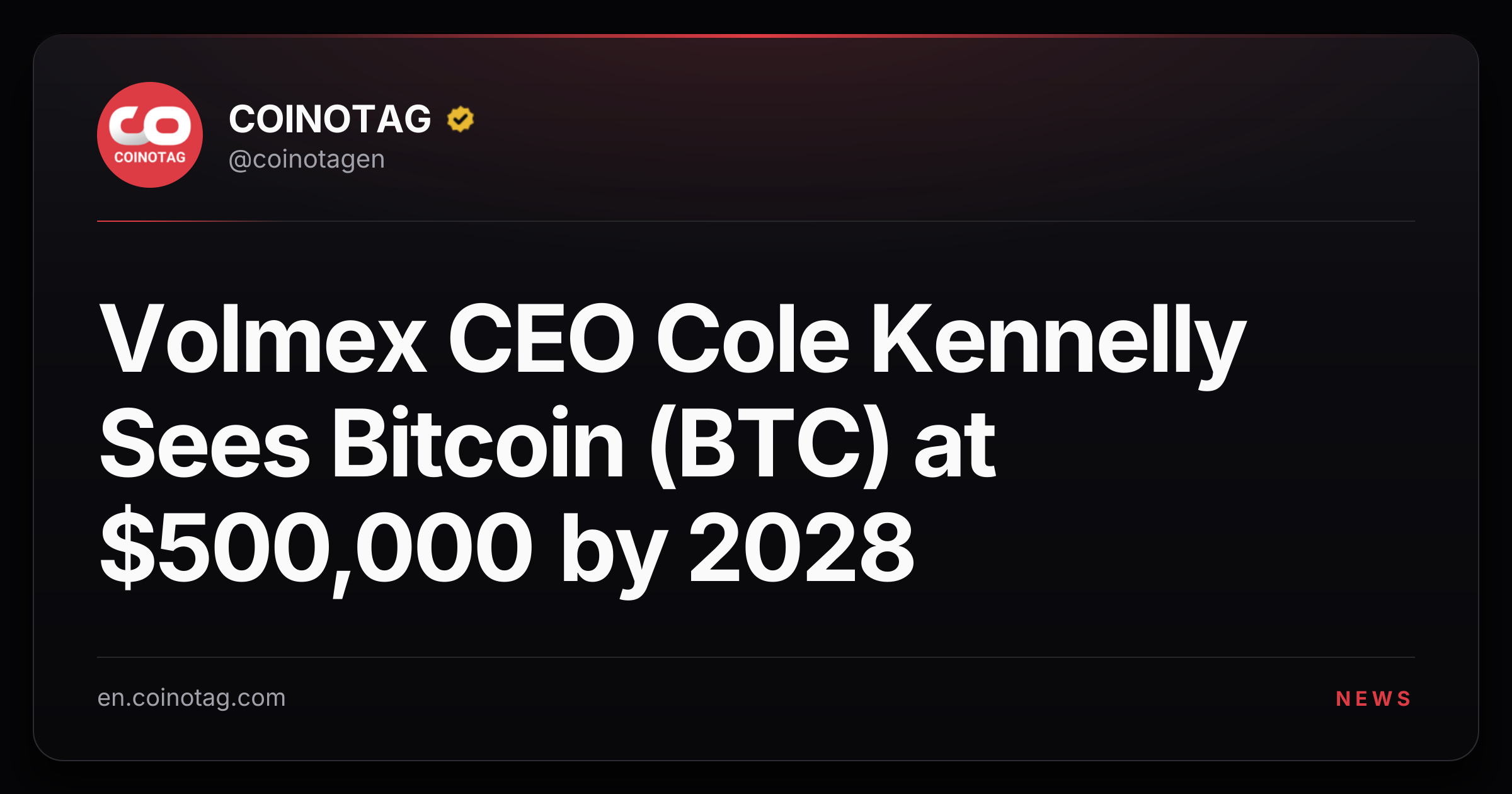 Volmex CEO Cole Kennelly Sees Bitcoin (BTC) at $500,000 by 2028