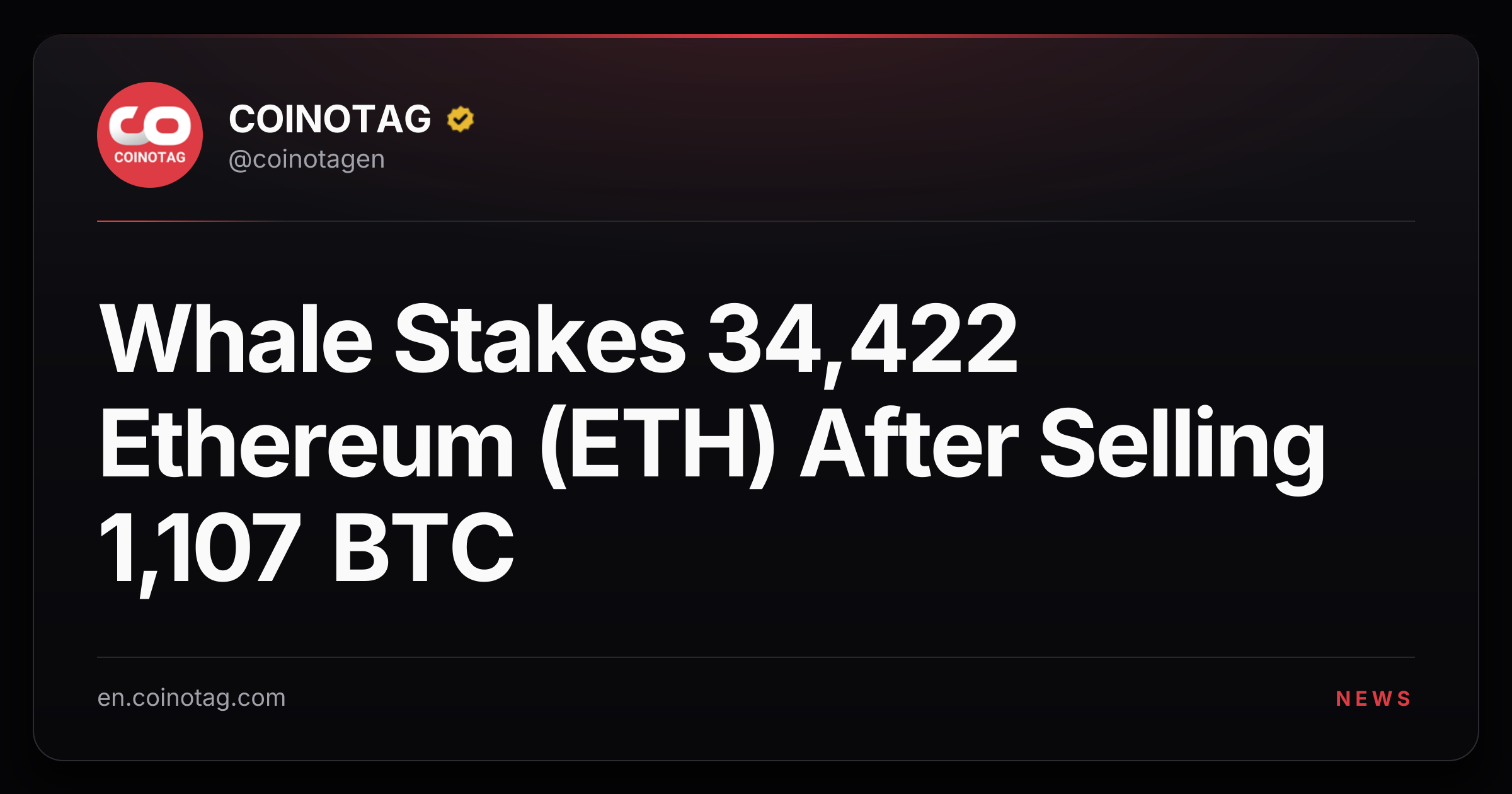 Whale Stakes 34,422 Ethereum (ETH) After Selling 1,107 BTC