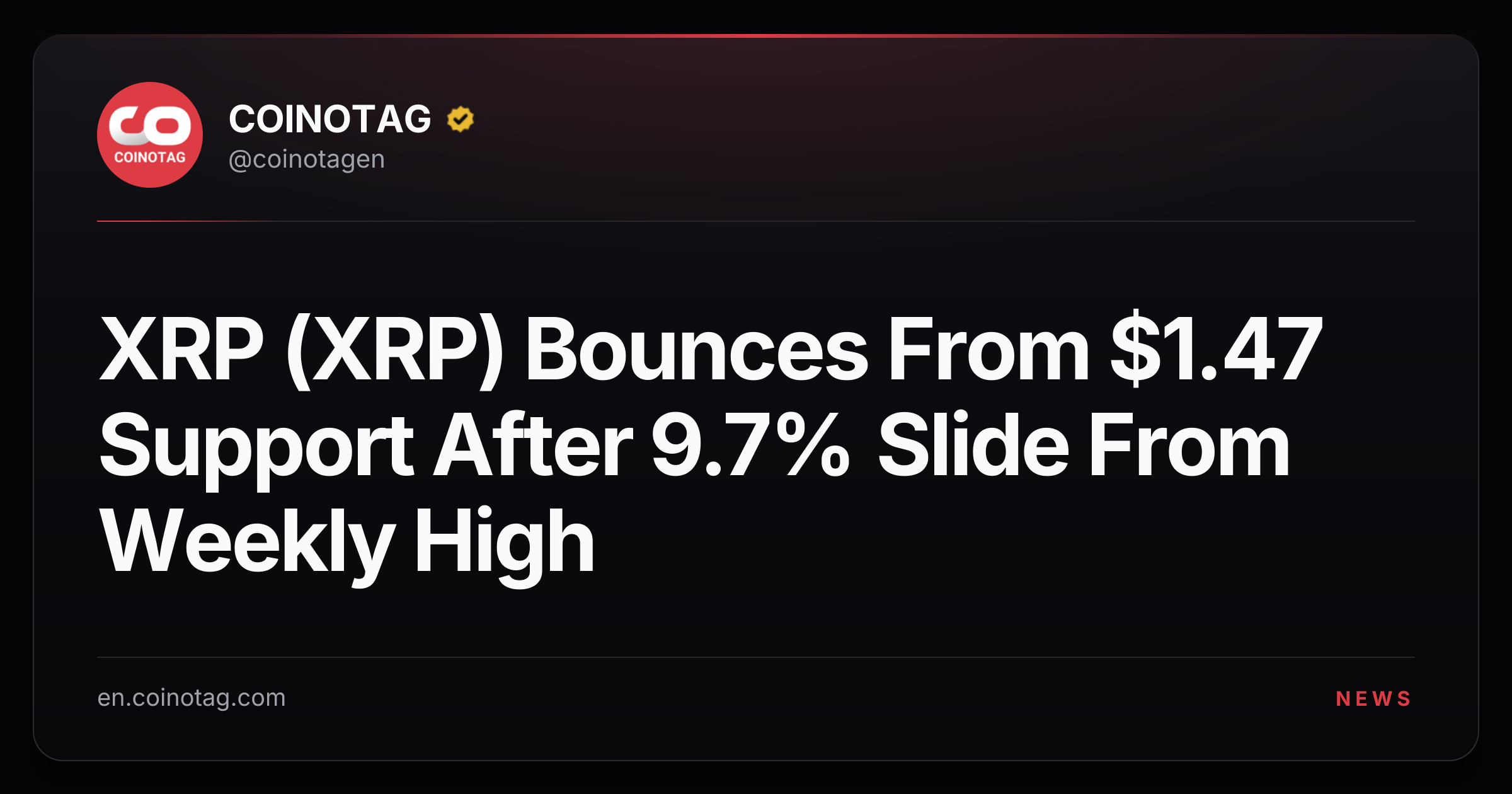 XRP (XRP) Bounces From $1.47 Support After 9.7% Slide From Weekly High