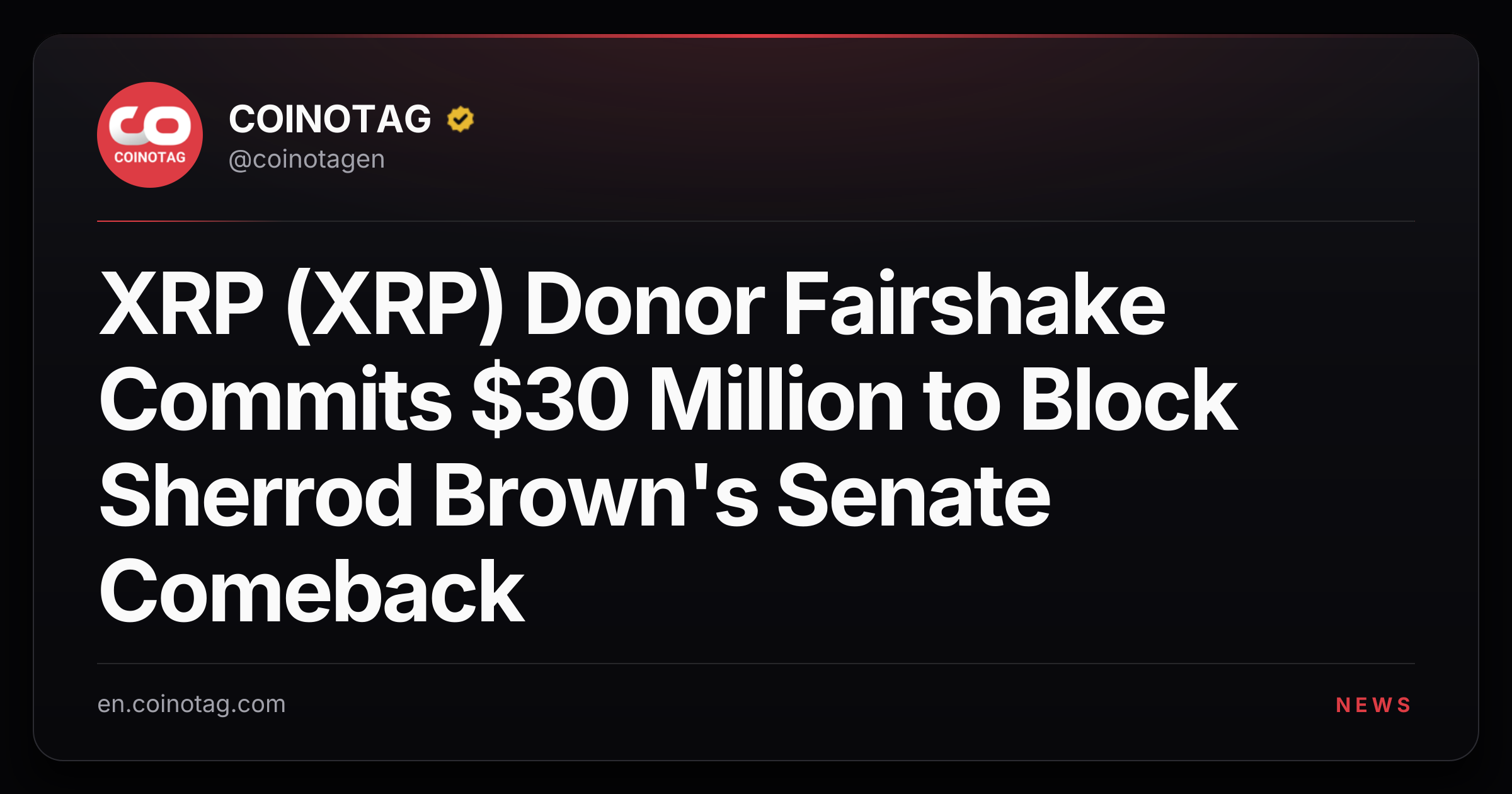 XRP (XRP) Donor Fairshake Commits $30 Million to Block Sherrod Brown's Senate Comeback