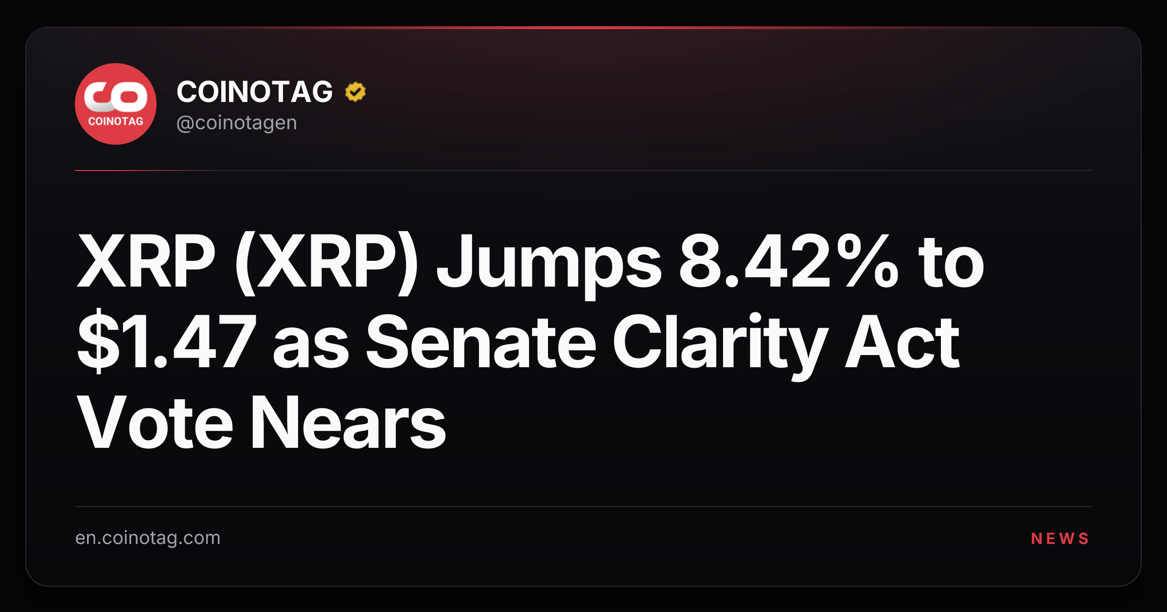 XRP (XRP) Jumps 8.42% to $1.47 as Senate Clarity Act Vote Nears
