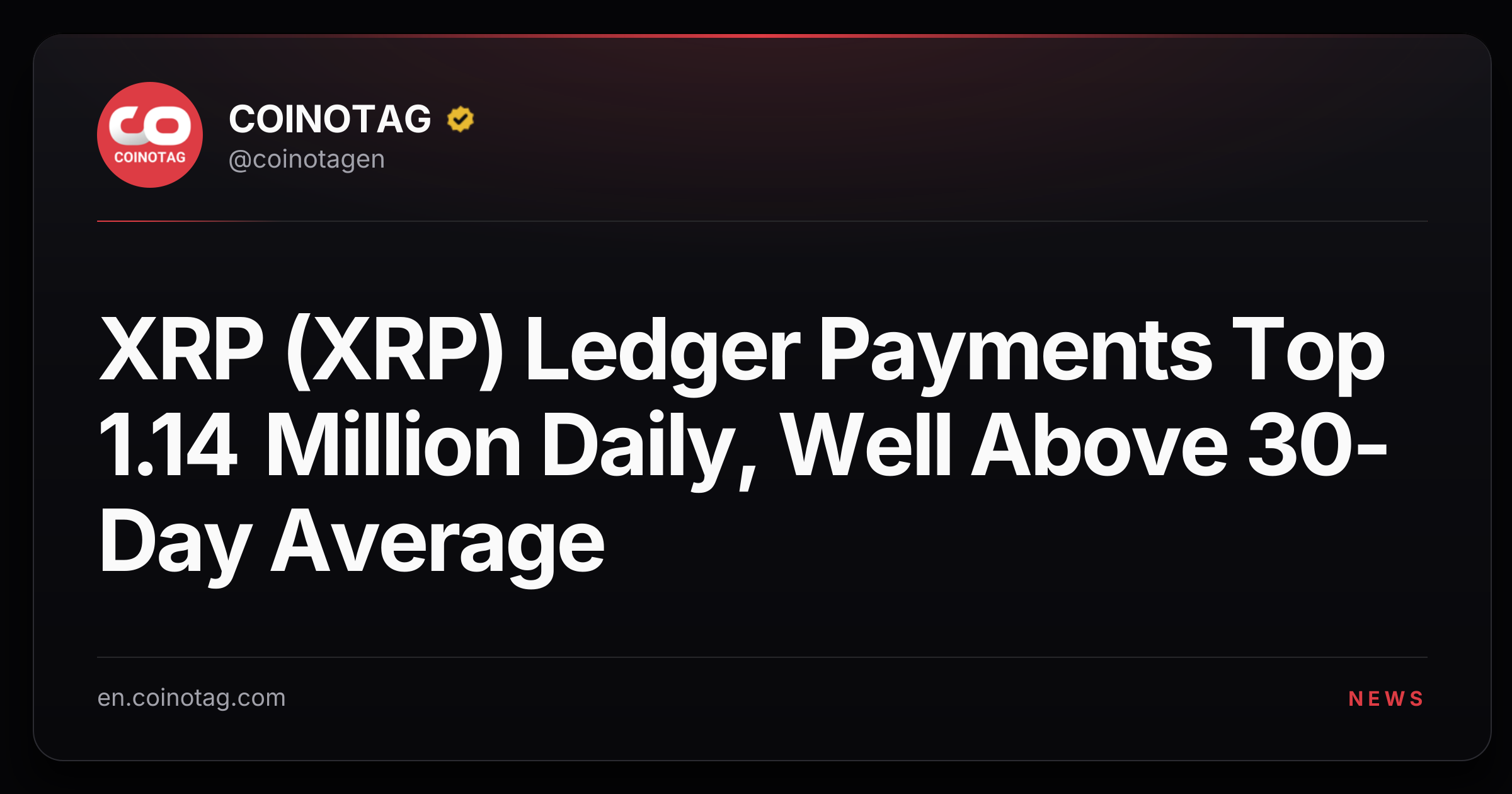 XRP (XRP) Ledger Payments Top 1.14 Million Daily, Well Above 30-Day Average