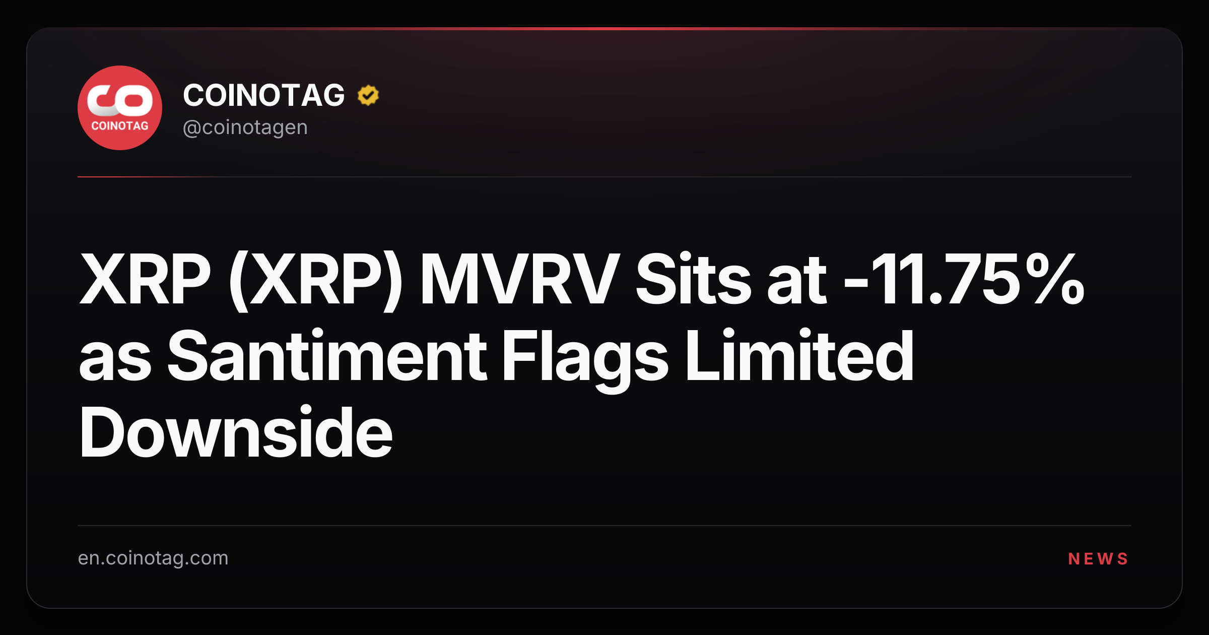 XRP (XRP) MVRV Sits at -11.75% as Santiment Flags Limited Downside