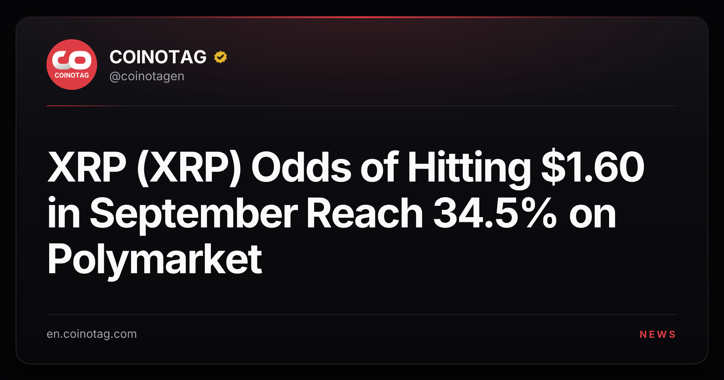 XRP (XRP) Odds of Hitting $1.60 in September Reach 34.5% on Polymarket