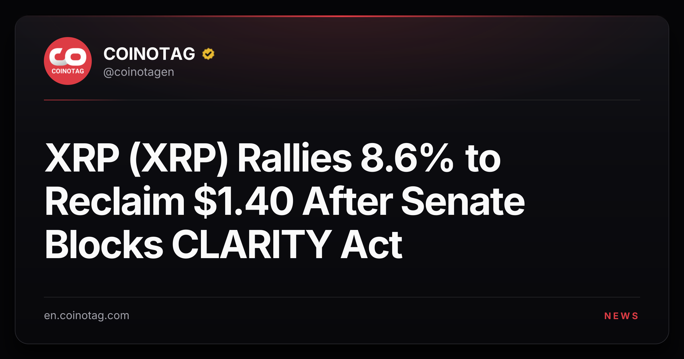 XRP (XRP) Rallies 8.6% to Reclaim $1.40 After Senate Blocks CLARITY Act