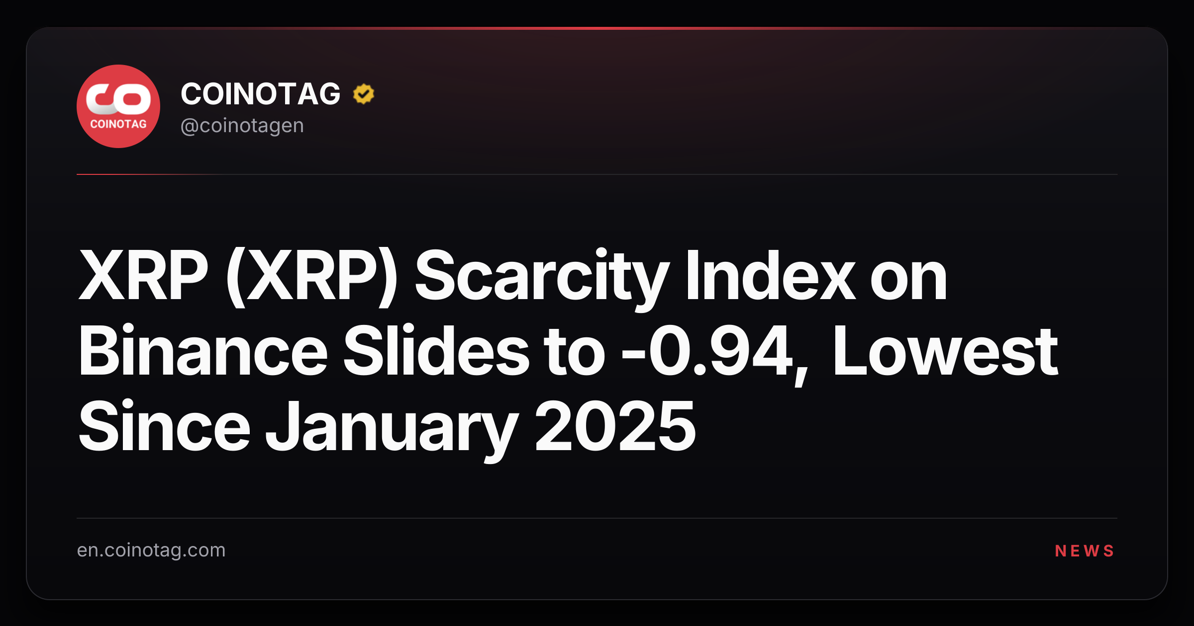 XRP (XRP) Scarcity Index on Binance Slides to -0.94, Lowest Since January 2025