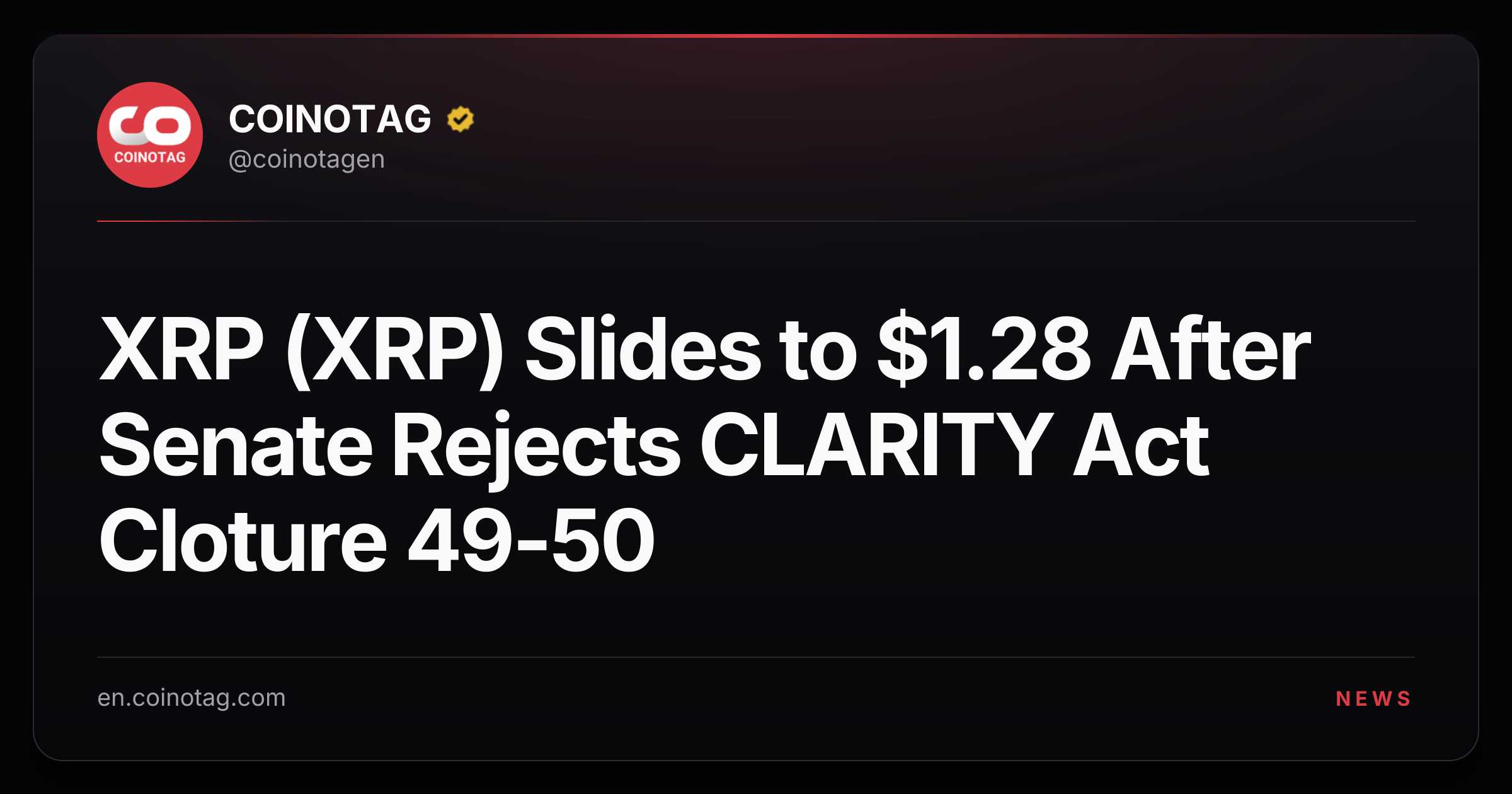 XRP (XRP) Slides to $1.28 After Senate Rejects CLARITY Act Cloture 49-50