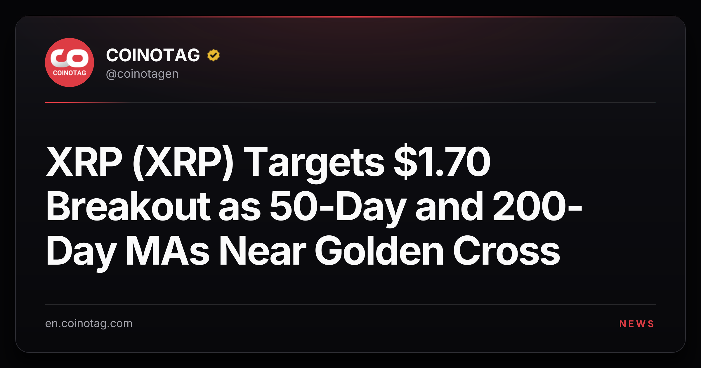 XRP (XRP) Targets $1.70 Breakout as 50-Day and 200-Day MAs Near Golden Cross