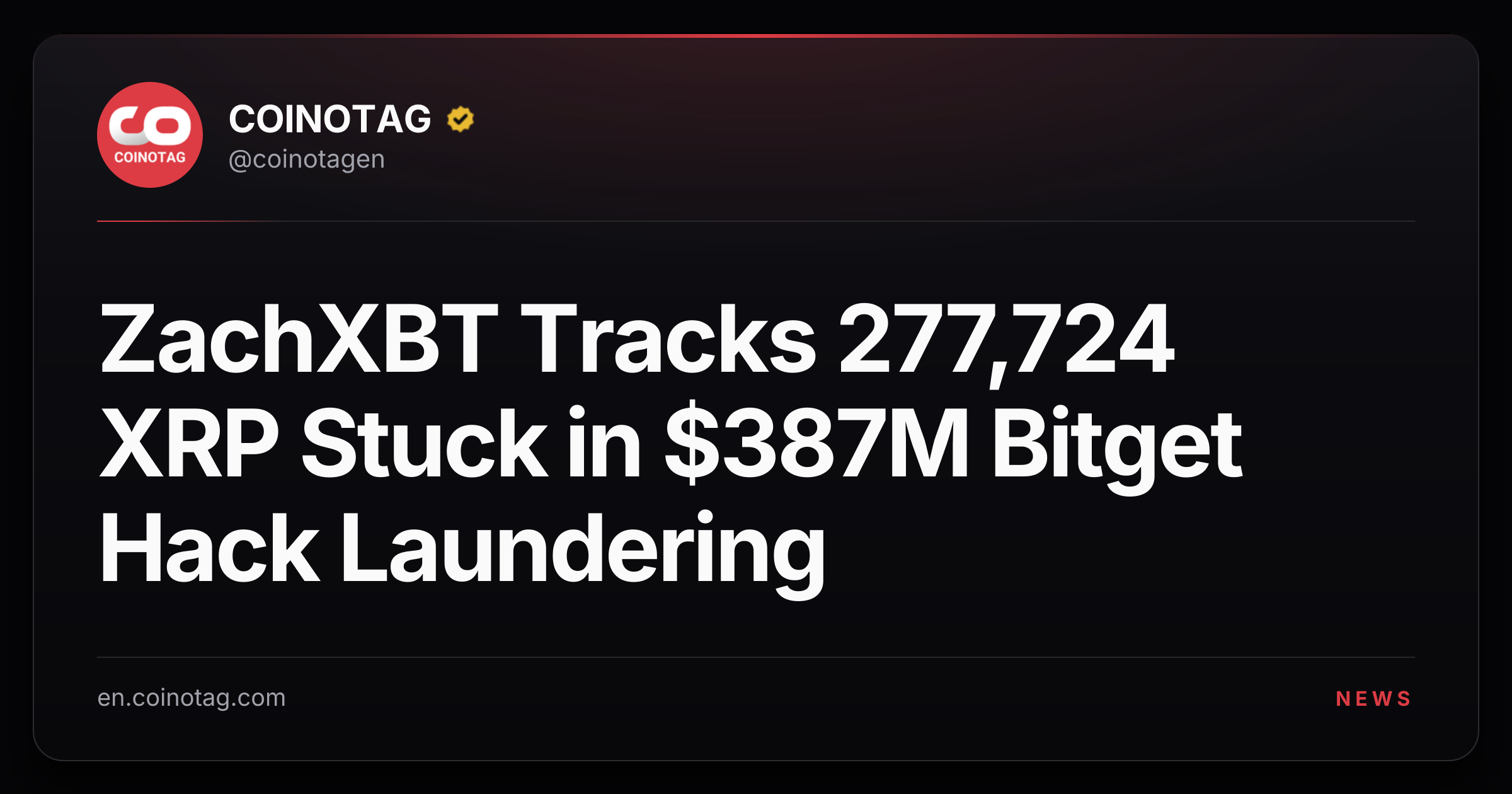 ZachXBT Tracks 277,724 XRP Stuck in $387M Bitget Hack Laundering