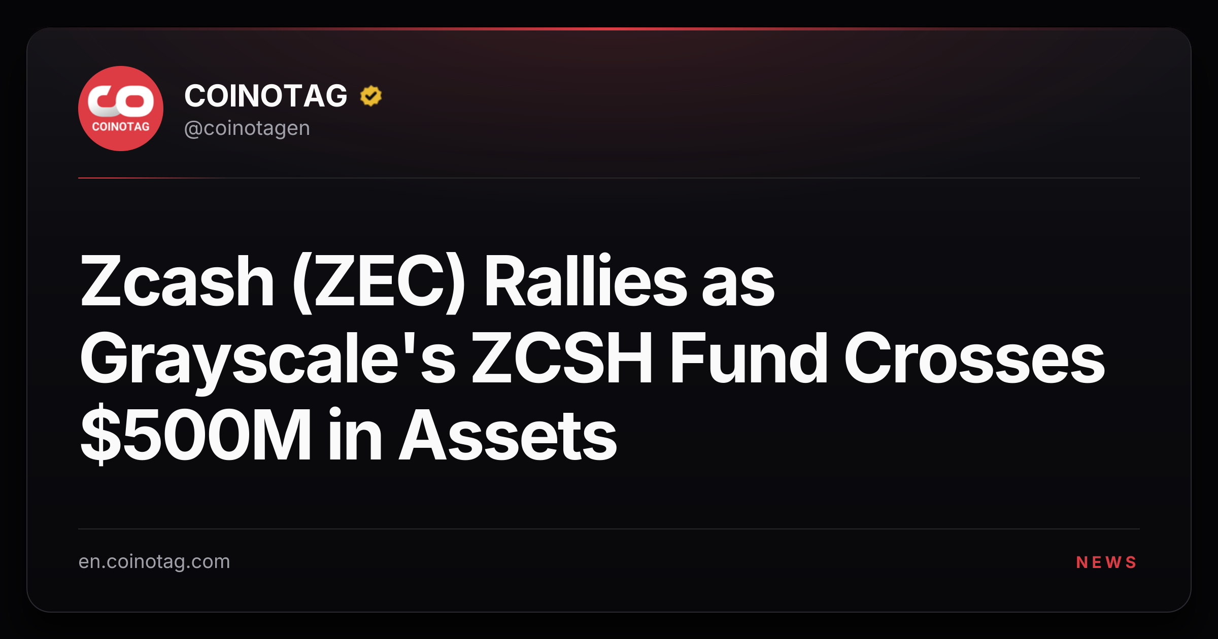 Zcash (ZEC) Rallies as Grayscale's ZCSH Fund Crosses $500M in Assets