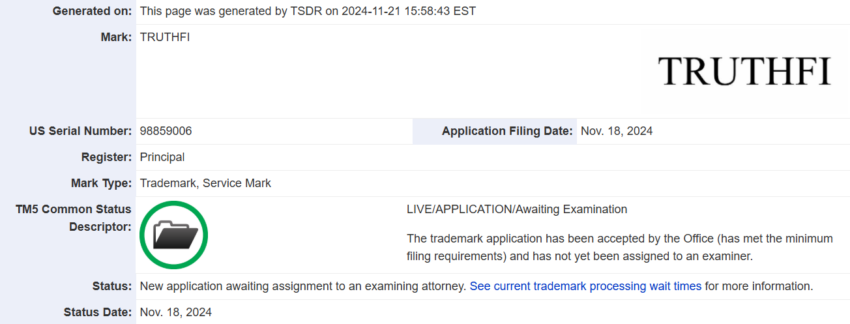 Trump Media truthfi trademark filing