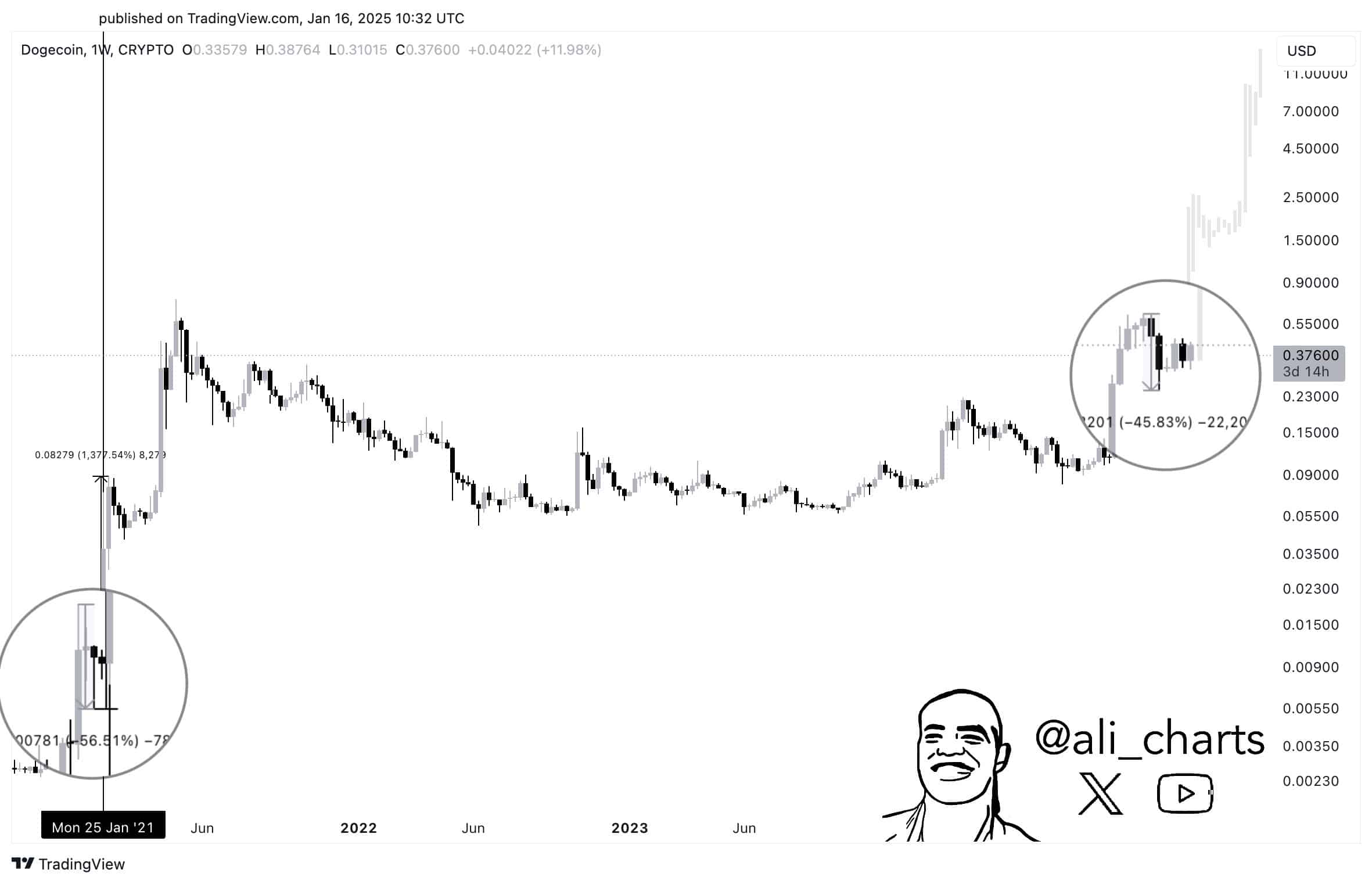 DOGE tarihsel fiyat ralli grafiği