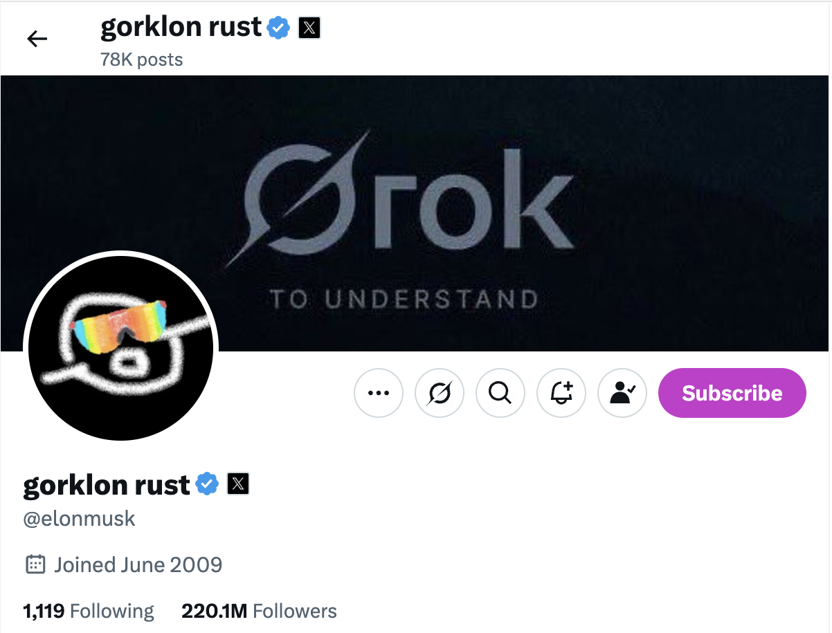 イーロン・マスクのユーザー名変更「Gorklon Rust」