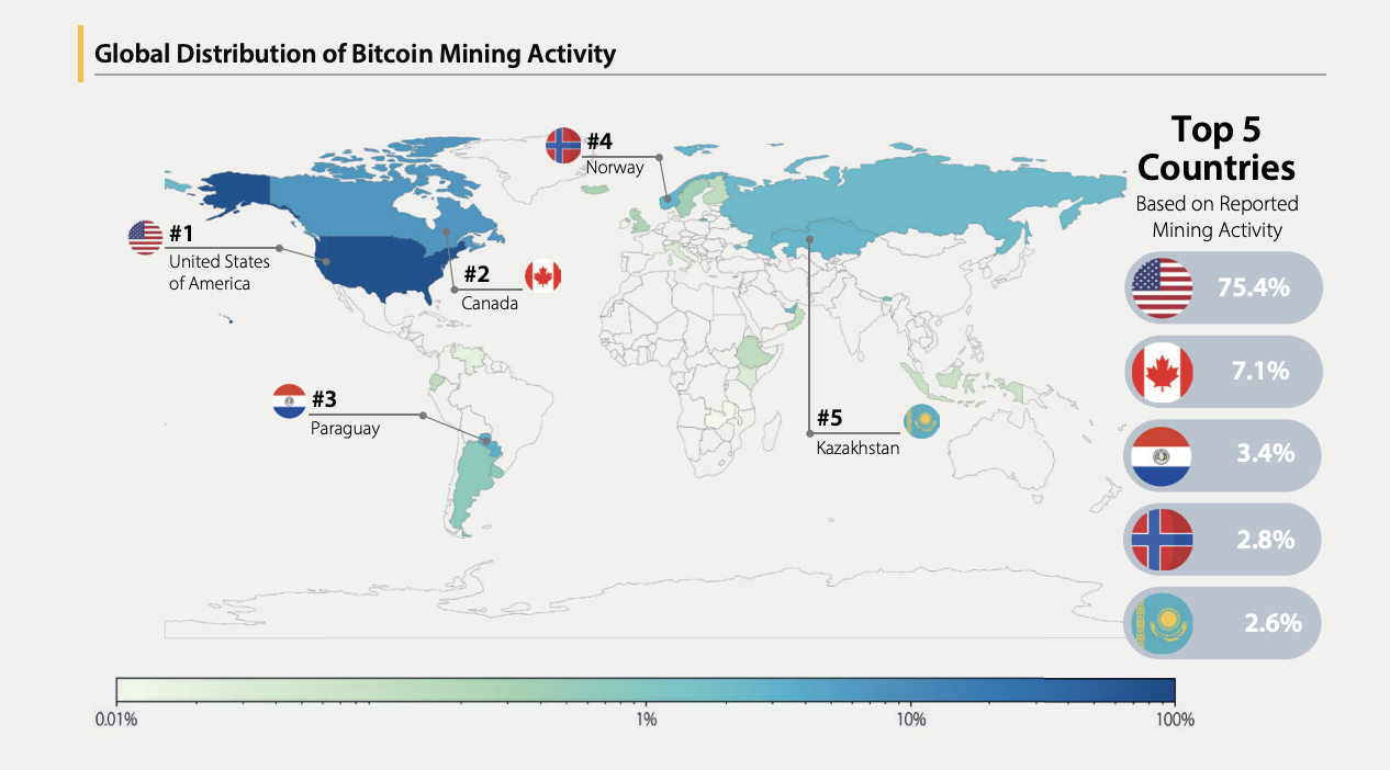 ビットコインマイニング活動の世界分布。