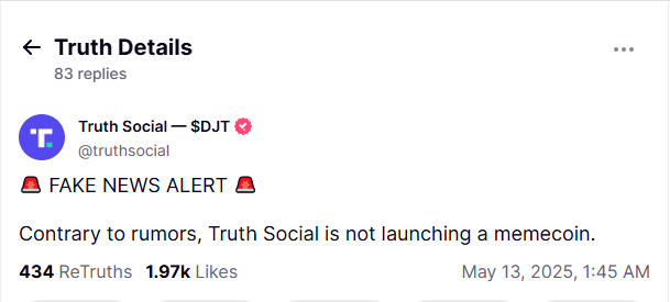 Truth Social, meme coin söylentilerini reddediyor