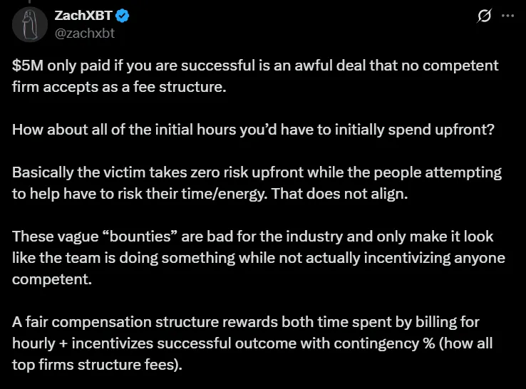 ZachXBT criticizing the bounty offer