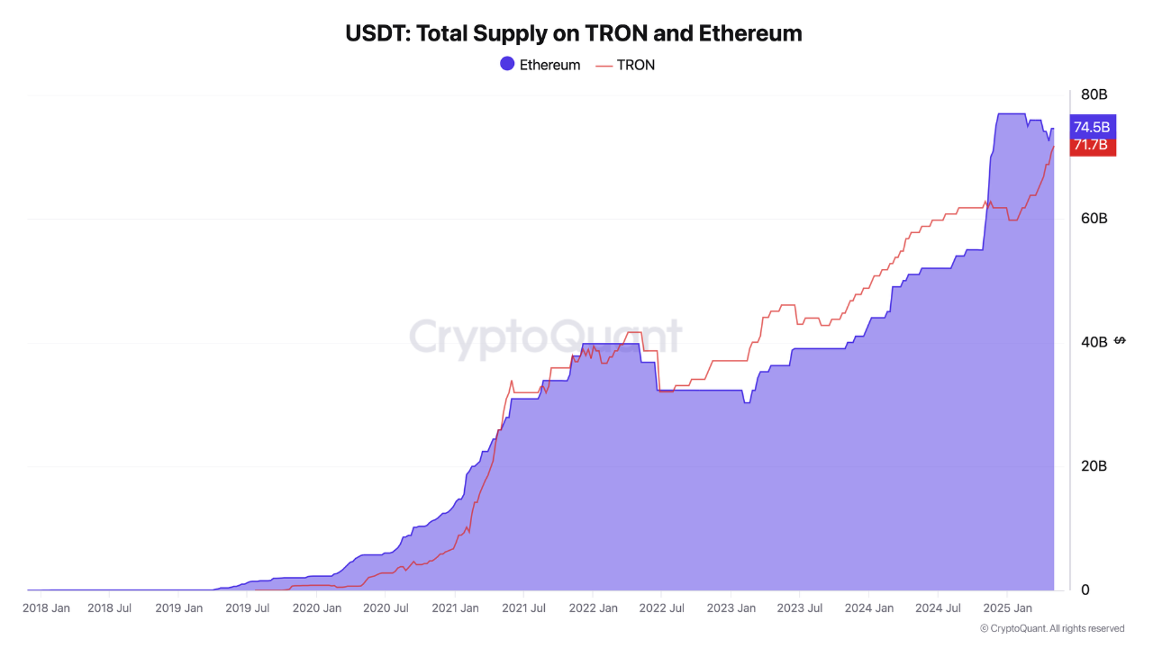 TRON ve Ethereum'daki USDT Toplam Arzı. Kaynak: CryptoQuant