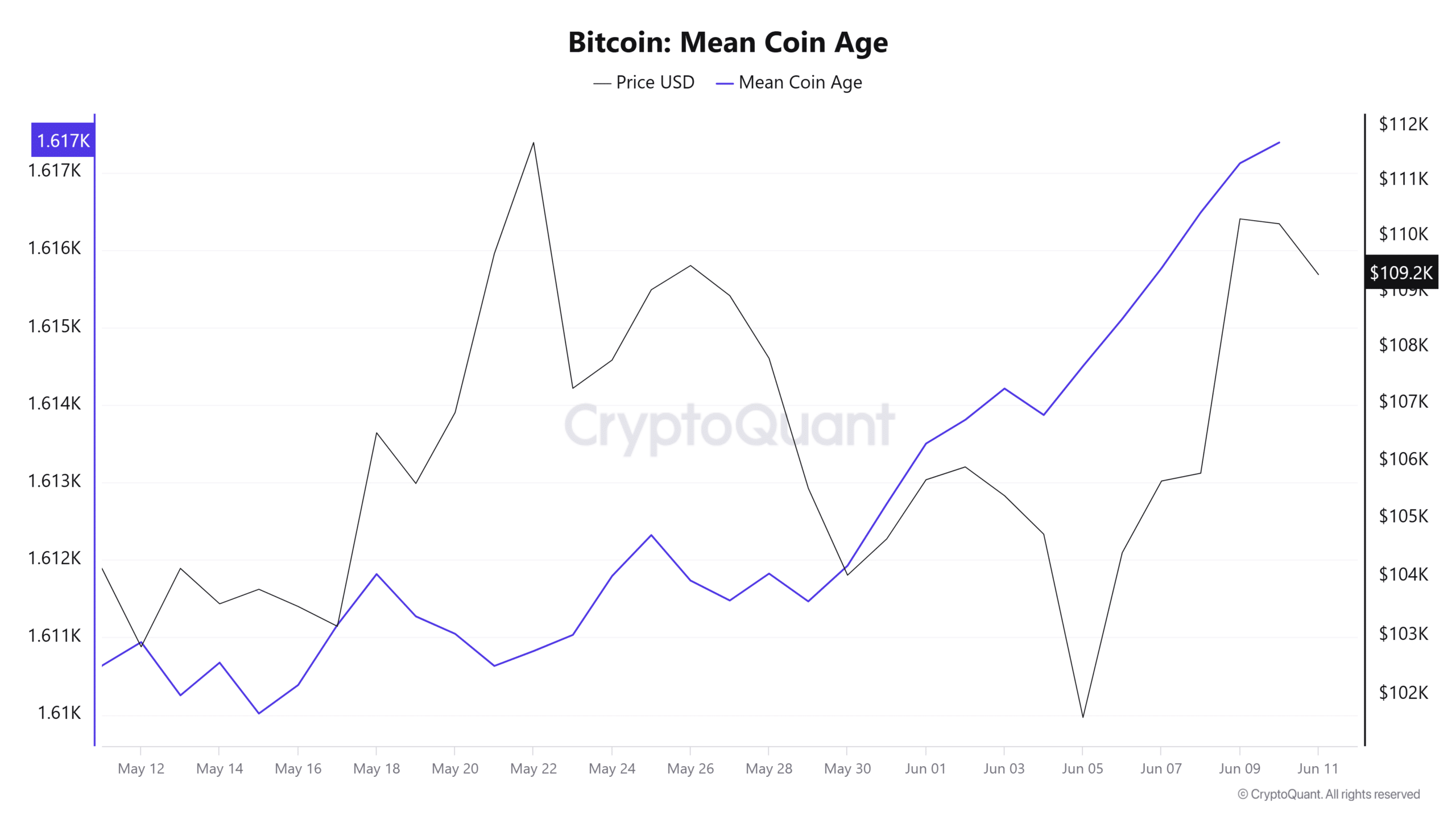 Bitcoin Mean Coin Age chart indicating increased holding