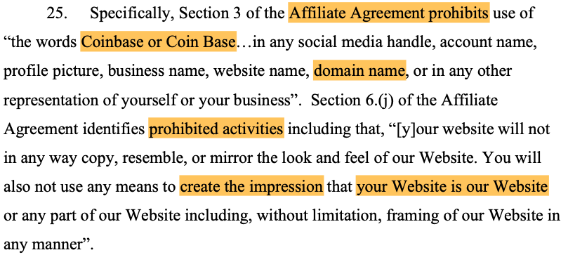 Coinbase’in Almanya’da coinbase.de alan adı cybersquatting davası 1 Coinbase’in bağlı kuruluş sözleşmesi ihlallerine dair şikayetinin özeti