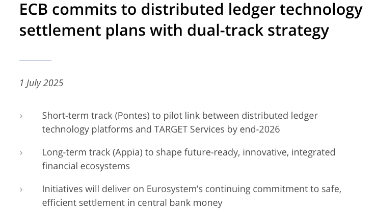 ECB announcement on Pontes and Appia DLT projects