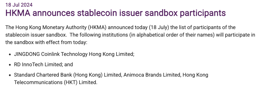 JD.com Yeni HKMA Rejimi Altında Hong Kong Doları Stablecoin’in Erken İhraççısı Olabilir 2 HKMA’nın stablecoin ihraççı sandbox duyurusundan alıntı