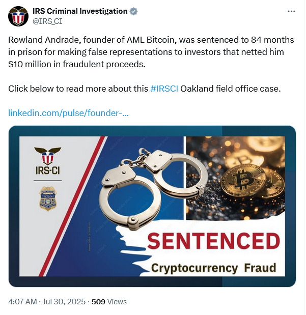 Founder of AML Bitcoin Sentenced to Seven Years in Prison Amid $10 Million Fraud Case 1 IRS Criminal Investigation on AML Bitcoin fraud