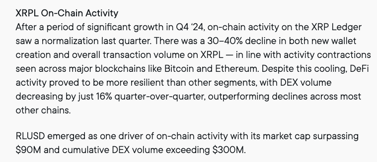 Ripple Şeffaflık Endişeleri ve Kurumsal Zincir Dışı Kullanımda Azalma Görüyor 3 Excerpt from Ripple’s Q1 2025 XRP Markets Report