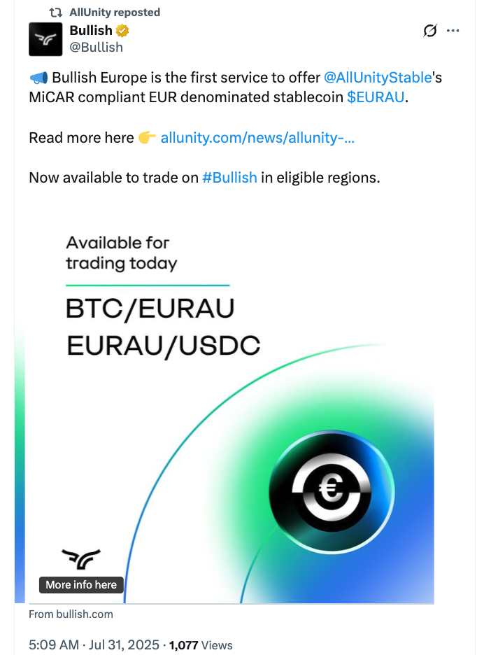 Bullish Europe exchange logo and EURAU launch