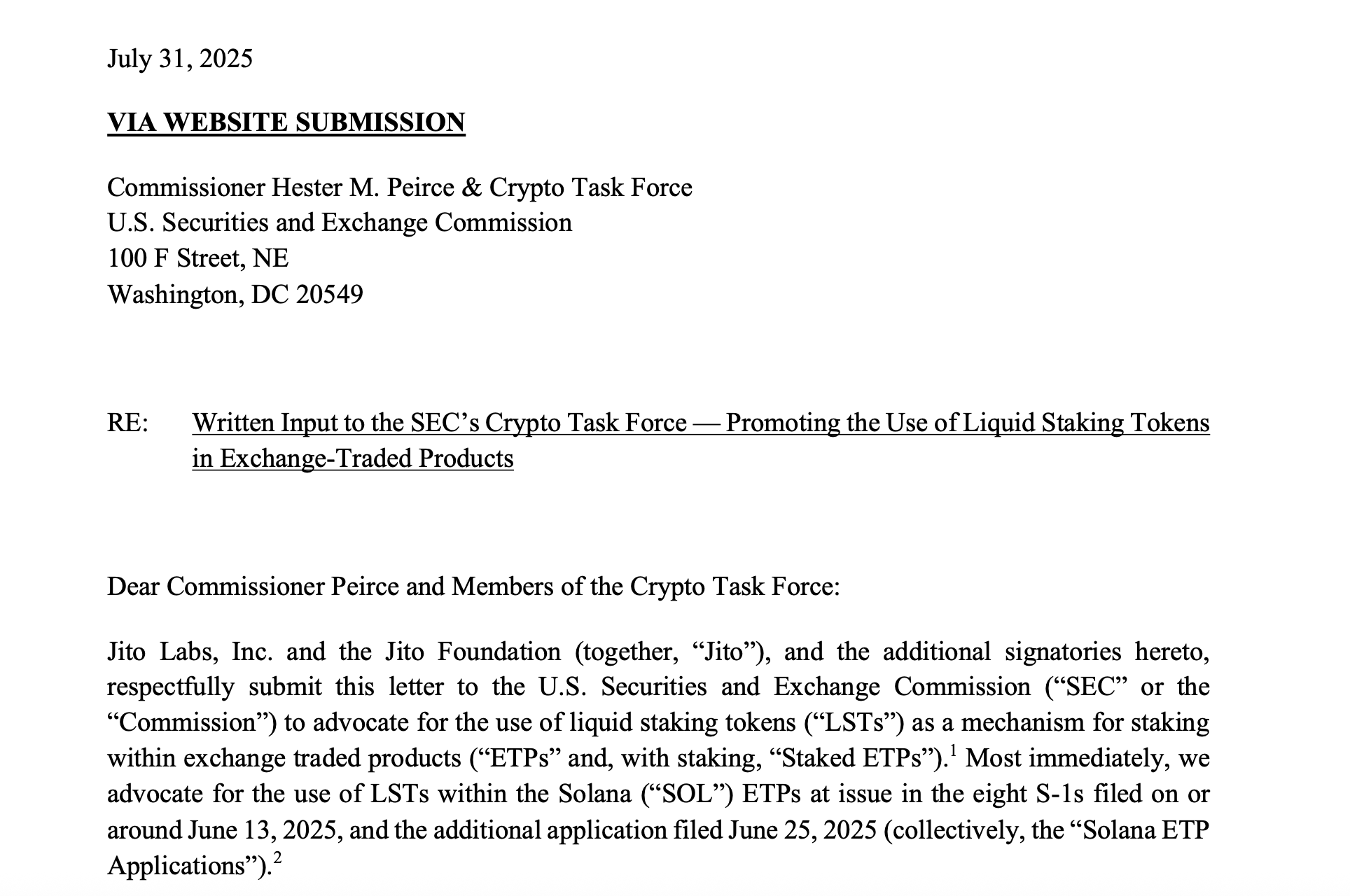 Solana Stakeholders Urge SEC to Consider Liquid Staking for ETPs Amid Regulatory Uncertainty 1 Jito Labs and other stakeholders’ letter to the US SEC