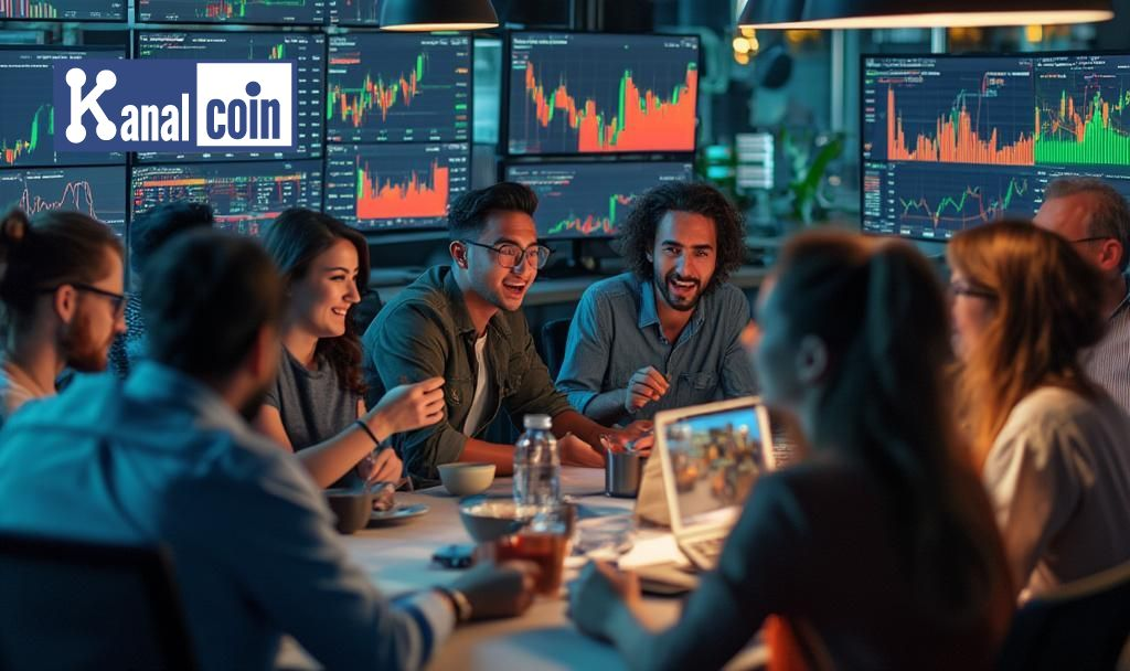 Animated office crypto discussion