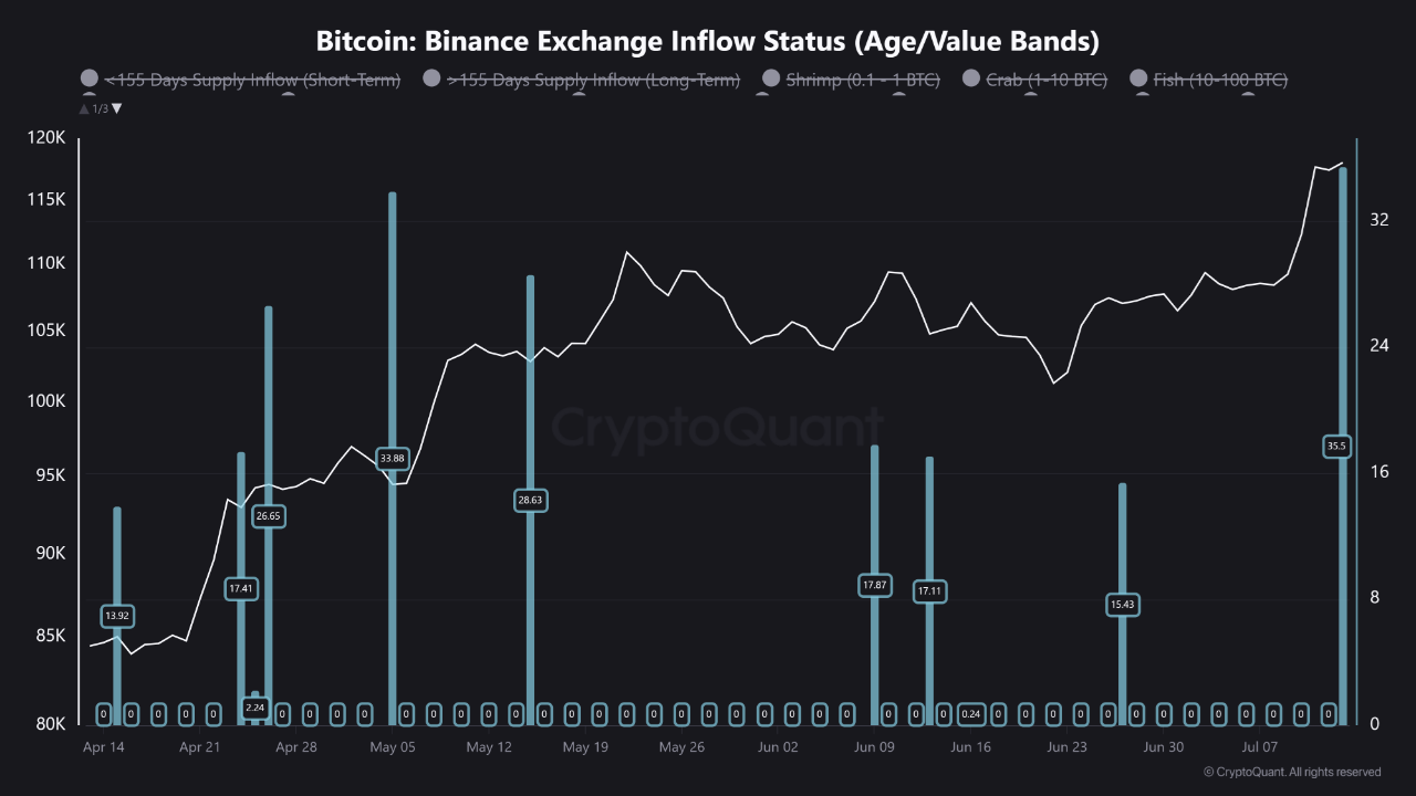 Satoshi-Era Bitcoin Whale Activity and Binance Inflows Suggest Possible Market Volatility Amid ATH 1 Binance Exchange Inflow Status. Source: CryptoQuant.