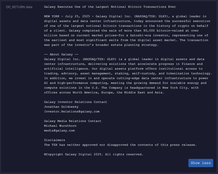 Galaxy Digital's Embedded Message on Bitcoin Network.
