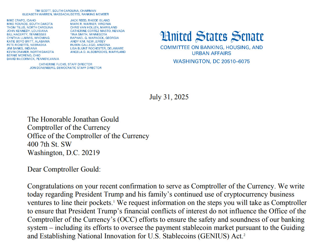 Senators Seek Clarification on OCC’s Role Amid Trump Family’s USD1 Stablecoin Concerns 1 Excerpt from the letter to OCC's Jonathan Gould