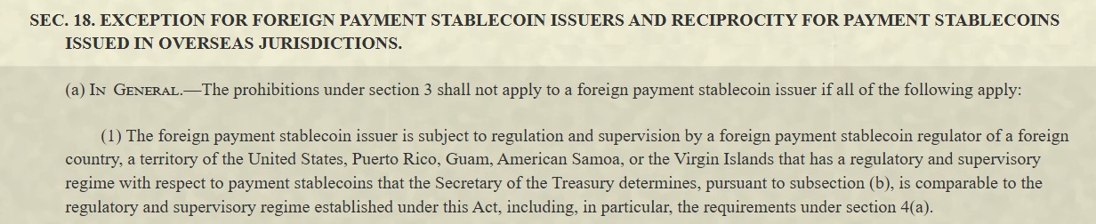 The GENIUS Act allows foreign-issued stablecoins to be sold in the US if they are subject to a 'comparable' regulatory and supervisory regime