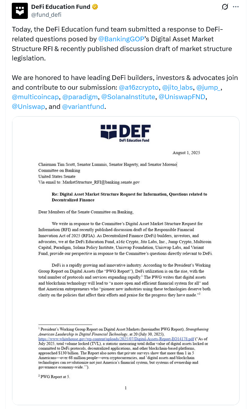 DeFi Education Fund letter to Senate Banking Committee