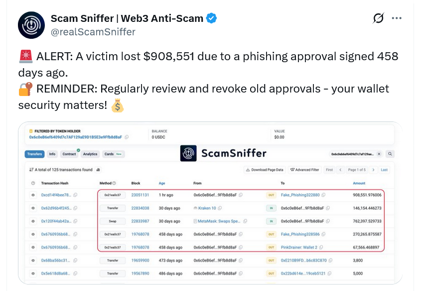 USDC Wallet Draining Scam Highlights Risks of Long-Term Phishing Approval Transactions 1 Crypto phishing scam warning