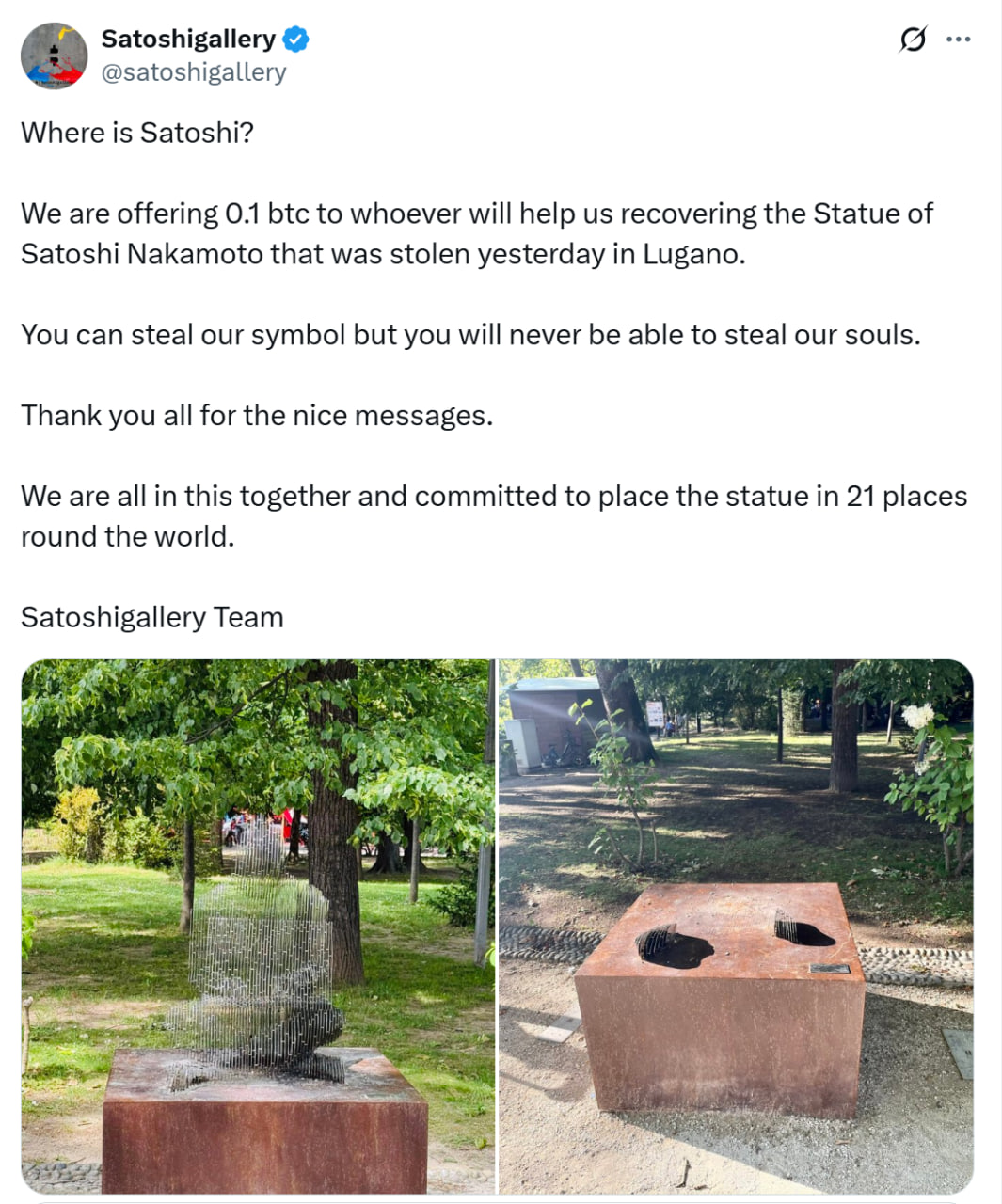 Bitcoin Statue Theft in Lugano Prompts 0.1 BTC Reward as Recovery Efforts Continue 1 01986f68 083c 7e06 b76c 0f5dd2d23b3d