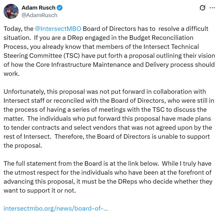 Cardano Proposal for $71M Network Upgrades Gains Approval Amid Community Transparency Concerns 2 Adam Rusch statement on Cardano funding