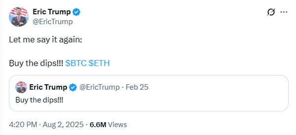 Ethereum Mega Whales Appear to Increase Holdings Amid Recent Price Recovery and ETF Inflows 3 Eric Trump endorsing ETH