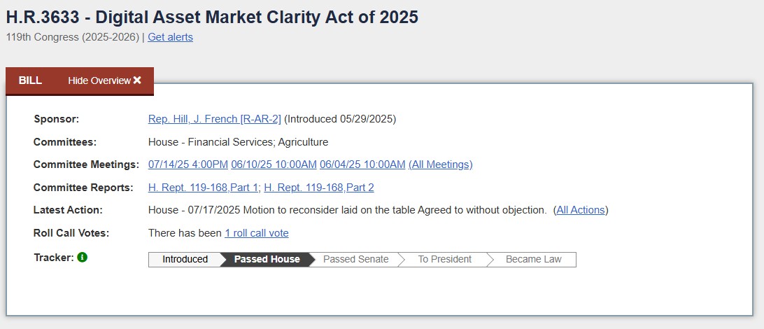 CLARITY Act House passage CLARITY Act passed in the House on July 17